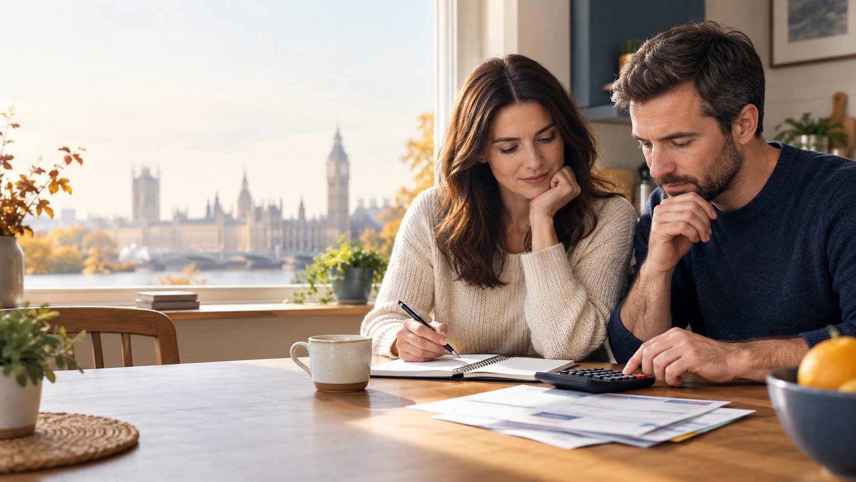 A couple reviews household bills and a budget beside a calculator, with the Houses of Parliament visible across the Thames