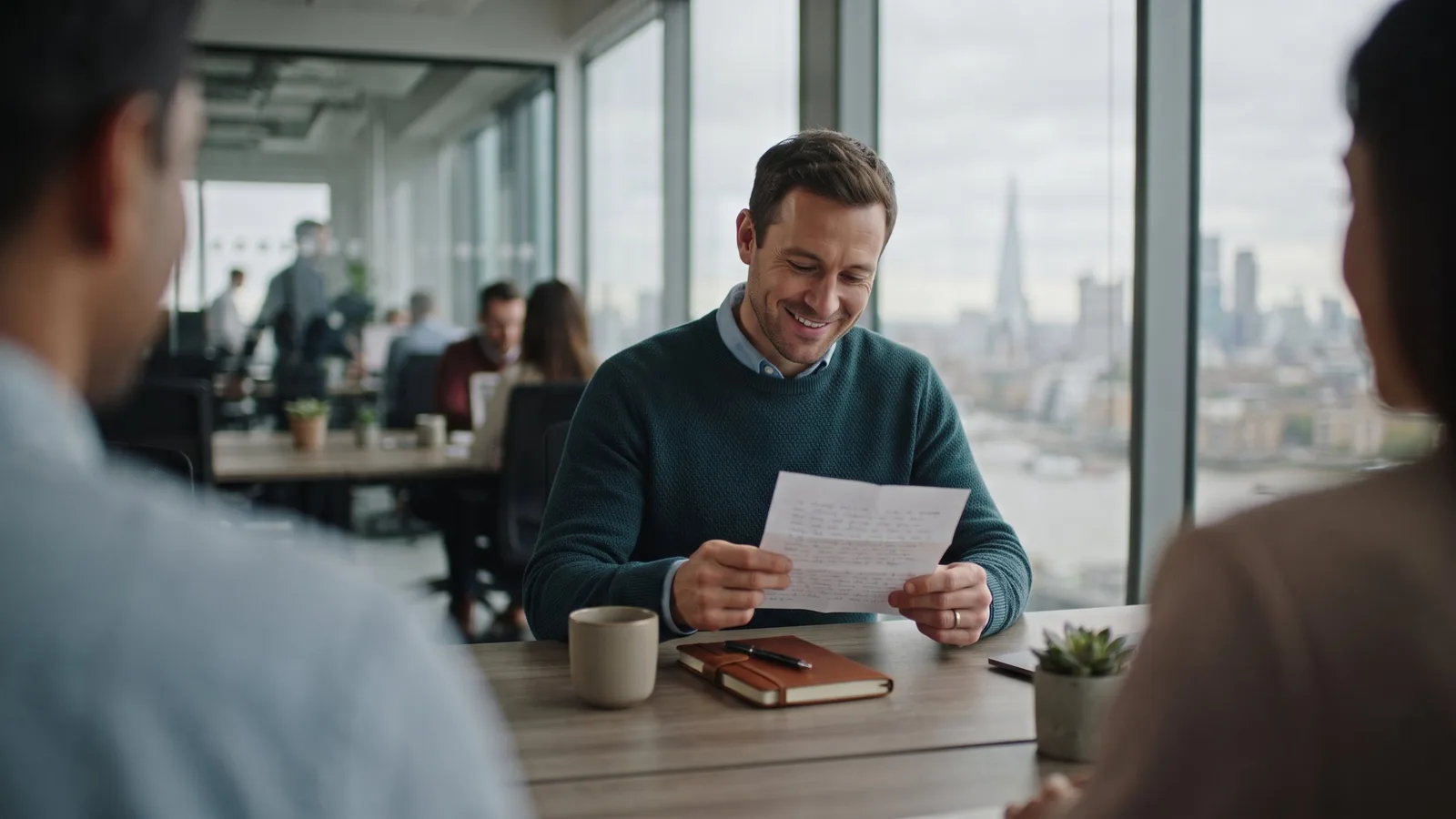 Smiling man at an office desk reading a letter, with colleagues and a view over London through the windows