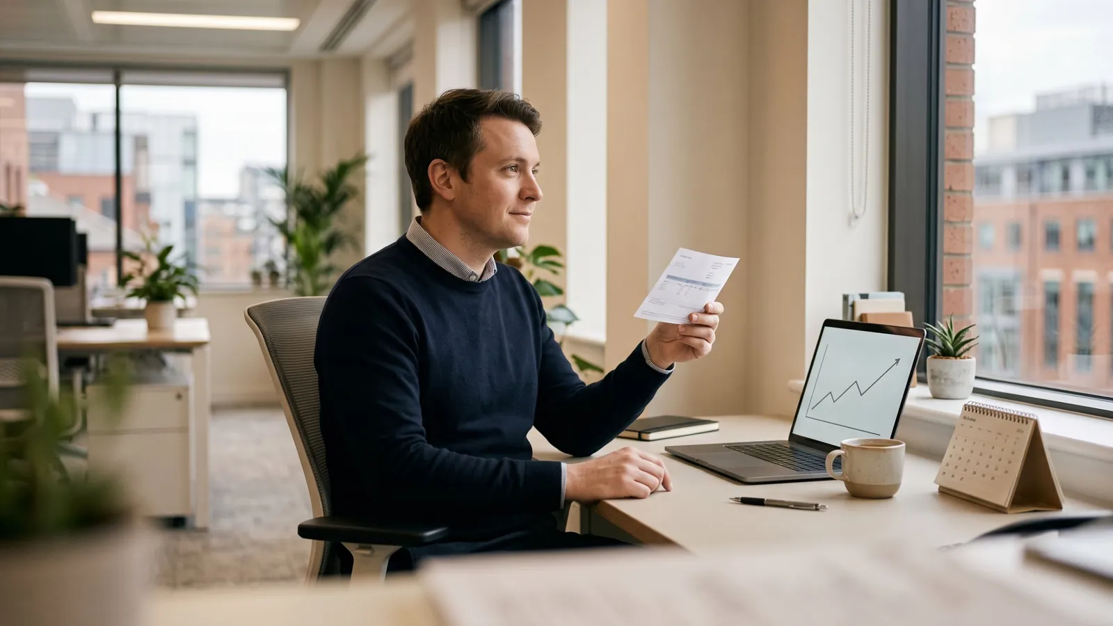 Office worker in a navy jumper holding a payslip at his desk, with a laptop showing a rising line graph