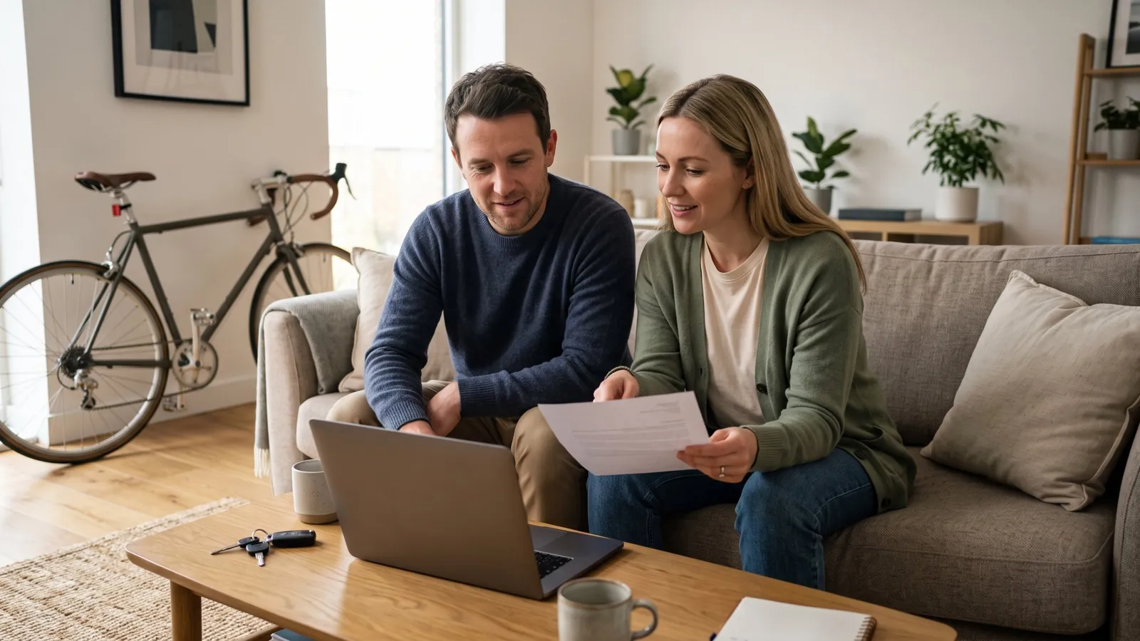 Couple on a sofa reviewing a letter and a laptop together, with a road bike against the wall and car keys on the coffee table