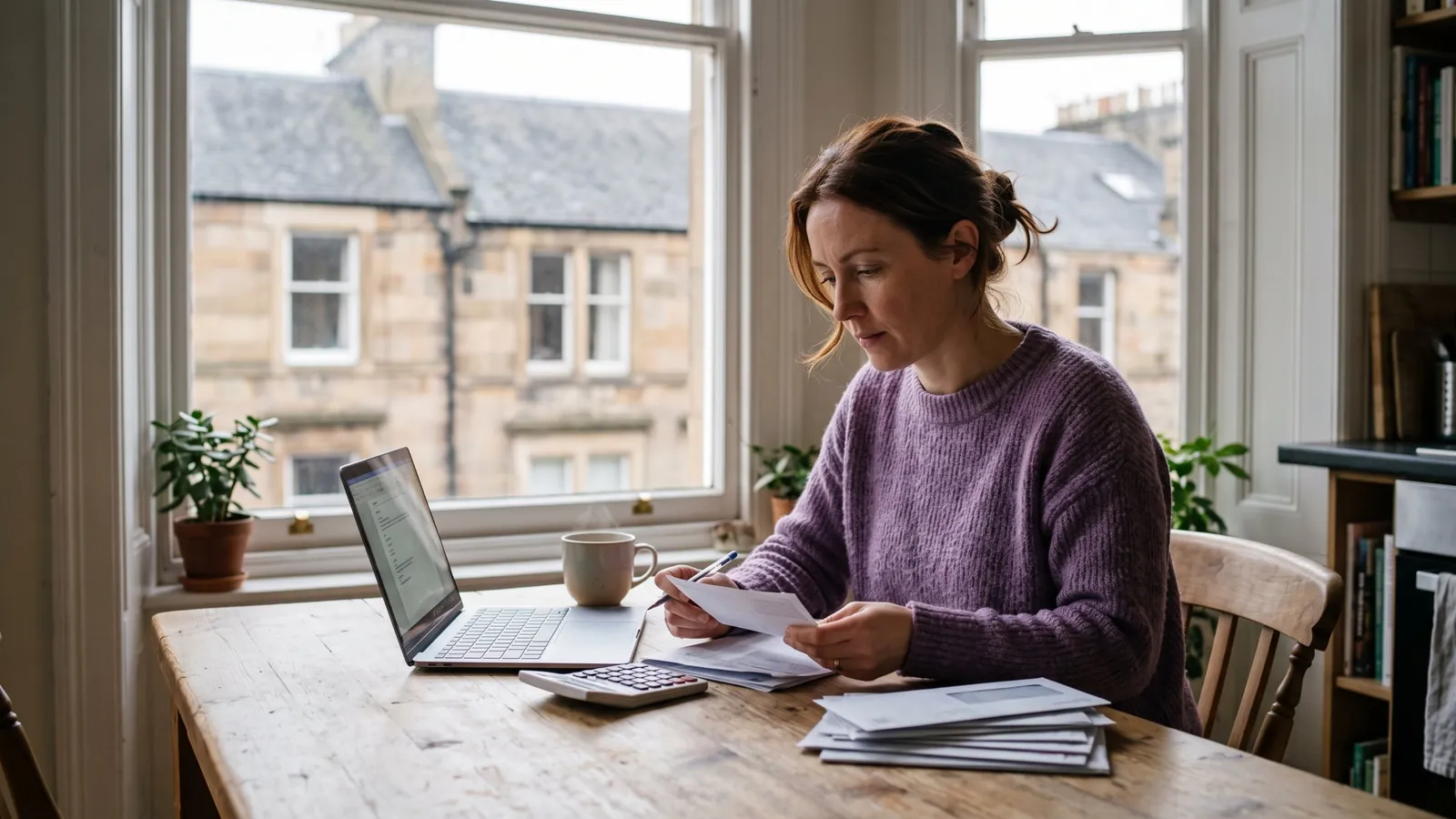 Woman in a purple jumper checking paperwork with a calculator and laptop at a kitchen table, with sandstone tenement buildings outside the window