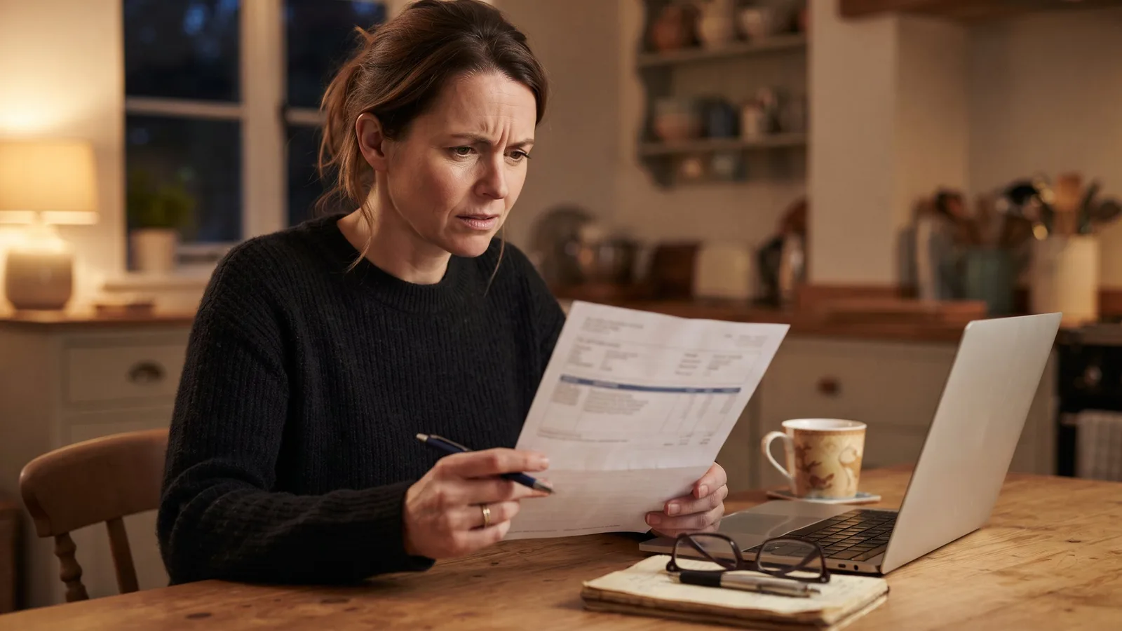 Woman at a kitchen table in the evening checking her payslip with a pen, beside a laptop, a mug of tea and reading glasses