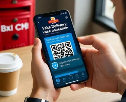 A smartphone showing a fake Royal Mail delivery text and QR code scam alert, highlighting online fraud awareness and consumer protection in the UK.