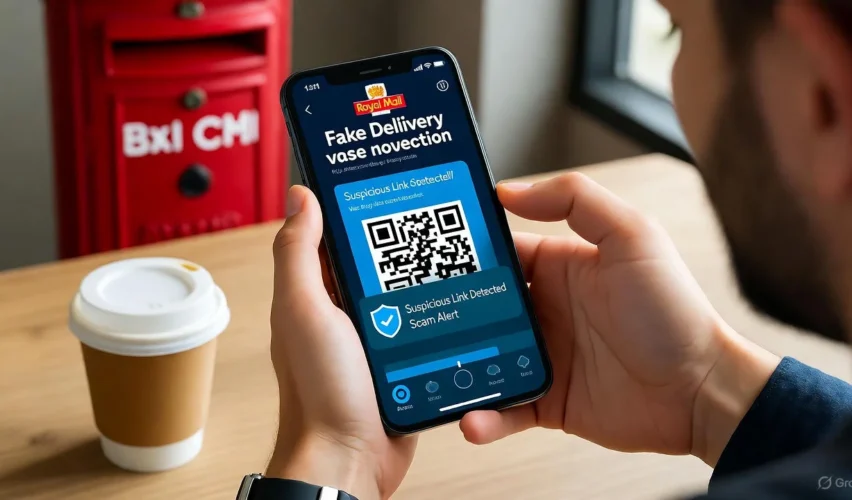 A smartphone showing a fake Royal Mail delivery text and QR code scam alert, highlighting online fraud awareness and consumer protection in the UK.