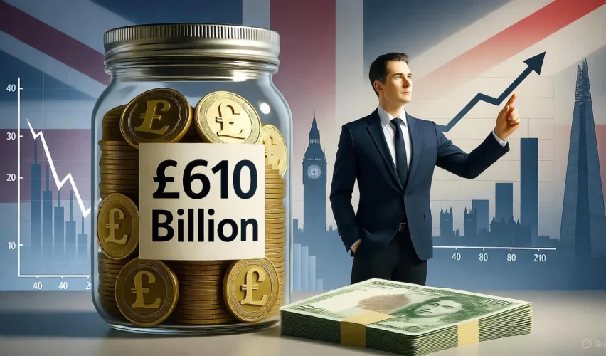 A UK investment gap infographic shows £610 billion in idle cash held by savers.