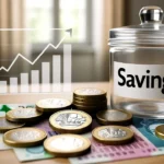 UK savers sitting on record cash in 2025 showing coins, banknotes, and savings charts.