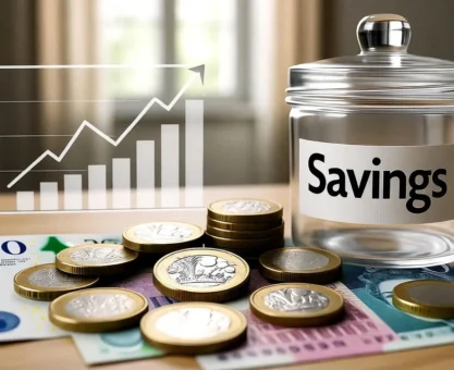 UK savers sitting on record cash in 2025 showing coins, banknotes, and savings charts.
