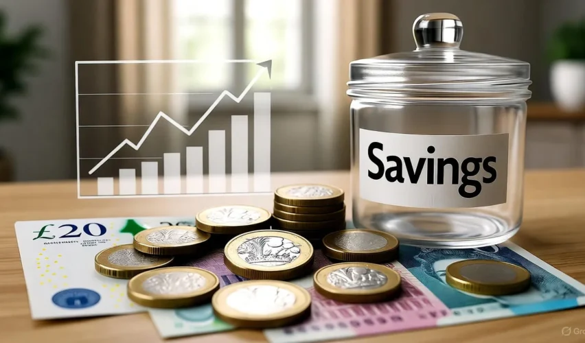 UK savers sitting on record cash in 2025 showing coins, banknotes, and savings charts.
