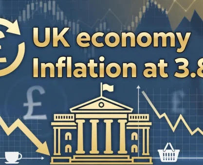 UK inflation at 3.8% with Bank of England rate-cut expectations illustrated through falling interest rate arrows and economic charts.