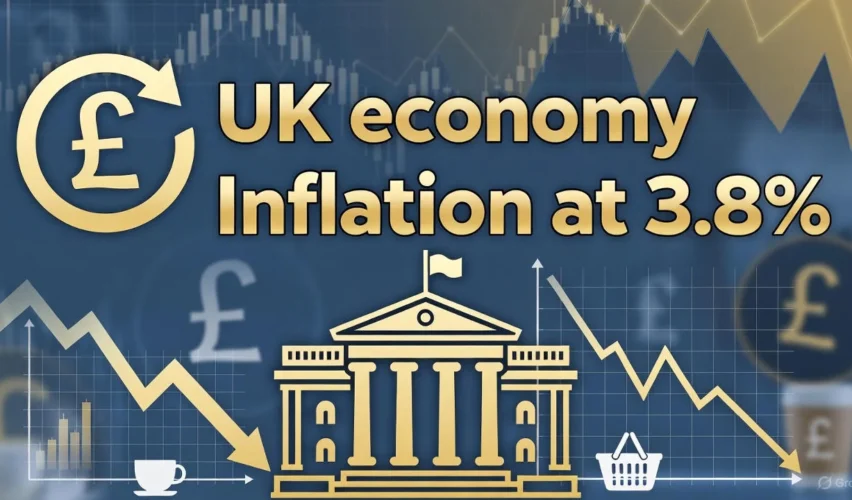 UK inflation at 3.8% with Bank of England rate-cut expectations illustrated through falling interest rate arrows and economic charts.