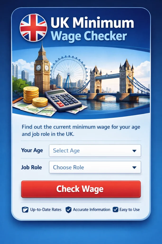 Modern UI card for UK Minimum Wage Checker showing age and job-based wage calculator with UK flag and pound symbol