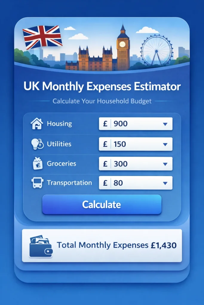 UK monthly expenses estimator showing rent, bills, and budget planning
