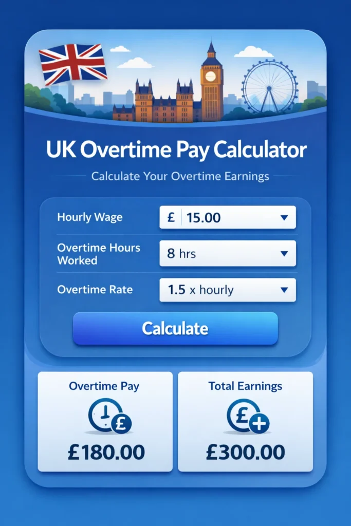 UK Overtime Pay Calculator interface showing hours worked and pay calculations