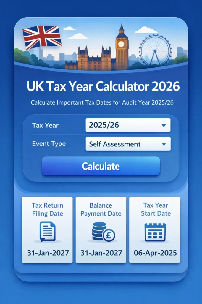 UK Tax Year Calculator 2026 showing start and end dates for the UK tax year