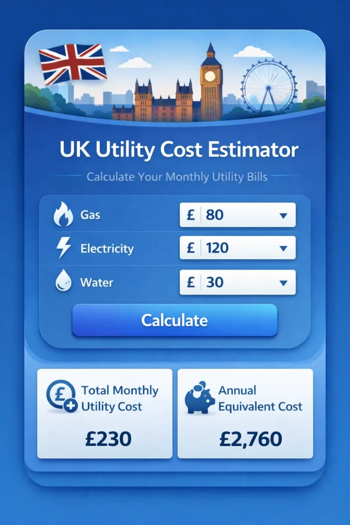 UK utility cost estimator showing electricity gas and water expenses